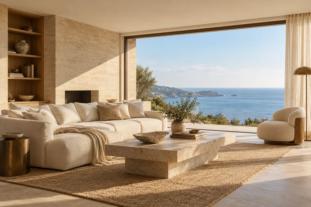 Interior conceptual em tons neutros com vista mar